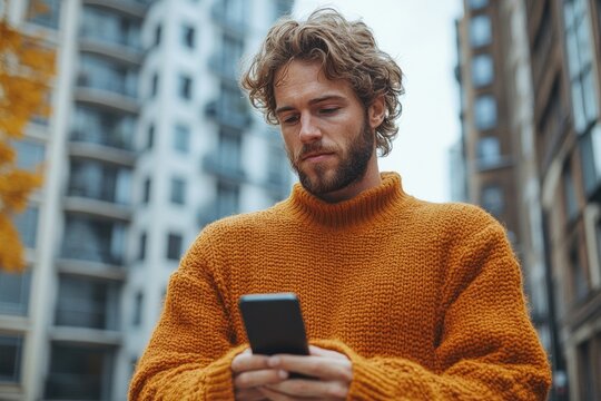 Anxious young businessman in orange sweater looking at smartphone outdoors near modern buildings