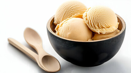 Vanilla ice cream scoops in wooden bowl on white background.  Possible use Dessert food photography