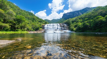 Fototapeta premium Lush Waterfall Landscape, Tranquil Pool, Sunny Day, Sri Lanka