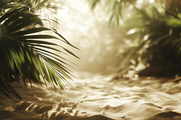 Tranquil sandy shore with gently blurred palm leaves and tropical beach bokeh, perfect for summer vacation and travel inspiration with spacious copy space
