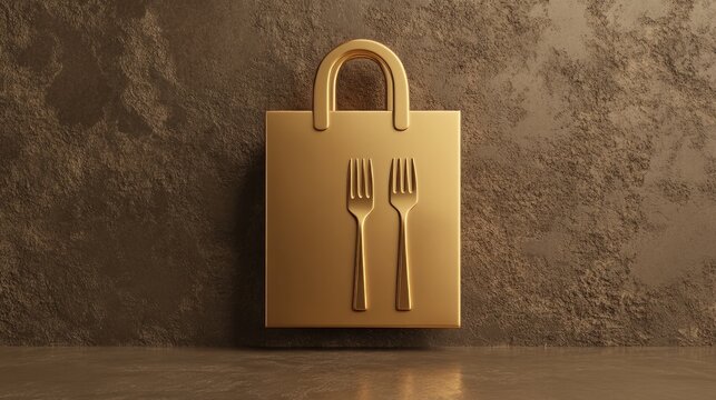 Golden food delivery bag, textured wall background, online ordering concept