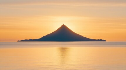 Majestic Island Silhouette at Sunset with Warm Orange and Yellow Sky Reflecting on Calm Water Surface