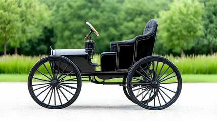 Fototapeta premium Vintage black car, outdoors, lush greenery. Historical vehicle, potential use for automotive history publications