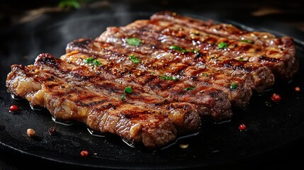 Grilled steak slices sizzling on hot pan, rustic wooden background, food photography