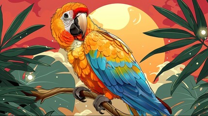 Obraz premium A vibrant illustration of a colorful parrot against a sunset background.
