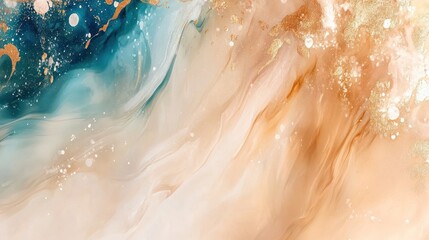 Fototapeta premium Abstract Fluid Art Painting with Teal Gold Beige Swirls