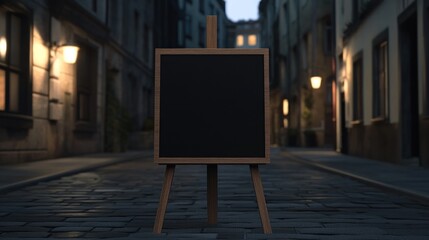 Blank chalkboard easel on cobblestone street at night