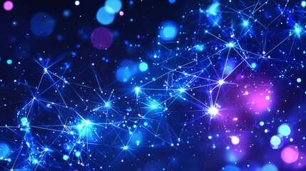 Fototapeta premium Geometric neon light patterns in blue and purple, forming a futuristic and glowing background. --chaos 20 --ar 16:9 --quality 2 --v 6.1 Job ID: aa3ce08e-2e1c-4709-98bd-f8078e9928d2