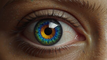 Fototapeta premium Human multicolored iris of the eye animation concept. Rainbow lines after a flash scatter out of a bright white circle and forming volumetric a human eye iris and pupil. 3d rendering background in 4K 