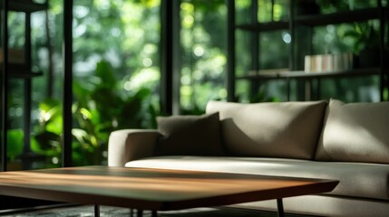 Sunlit living room sofa, green view, coffee table, tranquil scene