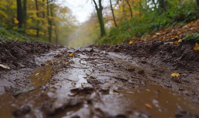 Fototapeta premium Muddy forest path, autumn leaves, misty background, nature walk