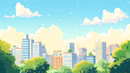 Cityscape viewed through lush green trees under a bright summer sky