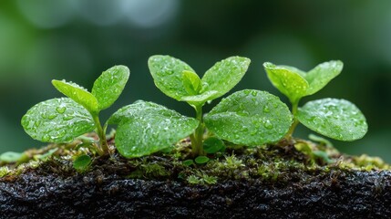 Naklejka premium Three seedlings sprout in moist soil, lush green background; nature growth concept