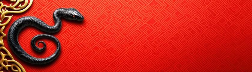 Elegant Black Snake on Vibrant Red Background with Intricate Gold Pattern for Chinese New Year Celebration