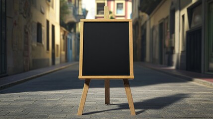 Blank chalkboard sign on street, city background, mockup