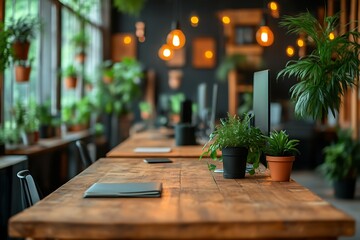 Modern office workspace with plants and natural light.