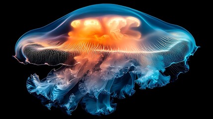 Glowing jellyfish floats in dark space for biology education or nature background.