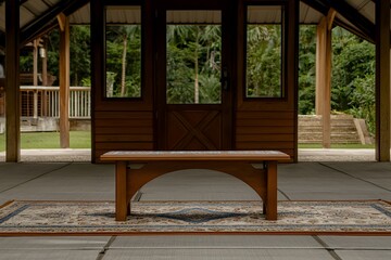 Tranquil Wooden Bench in Serene Pavilion with Lush Greenery