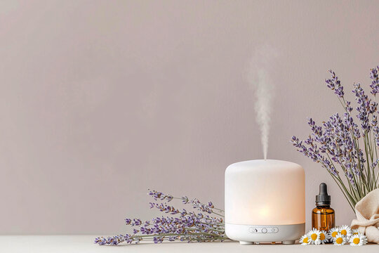 Glowing essential oil diffuser with lavender and chamomile flowers, creating a calming aromatherapy scene