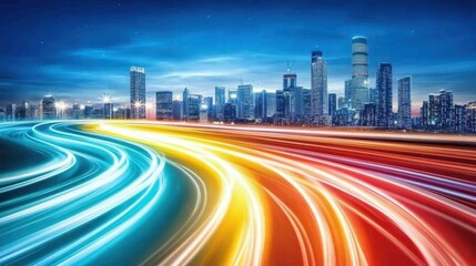 Fototapeta premium Dynamic Cityscape at Night with Motion Blur of Colorful Lights and Skyscrapers Against Blue Sky