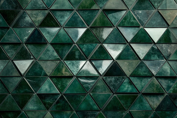Abstract dark green triangular mosaic tile texture with geometric fluted triangle pattern for modern backgrounds and architectural design