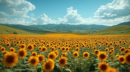 Obraz premium Vibrant Sunflower Field Beneath a Clear Blue Sky - A Beautiful Landscape for Nature Lovers