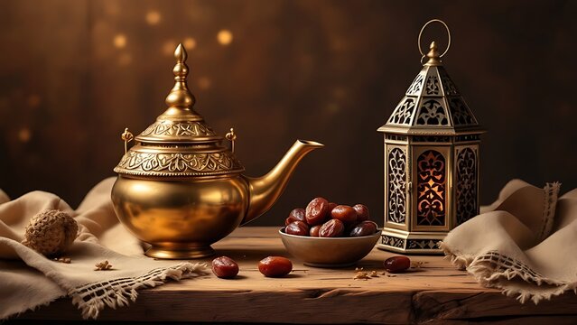 Ramadan lamp and dates on wooden background. Oriental lantern