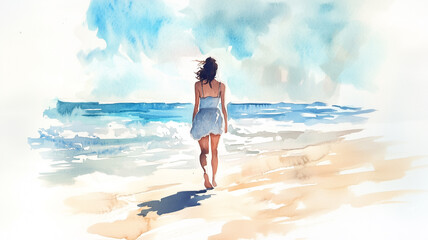Watercolor woman walking on beach gernerative ai. 