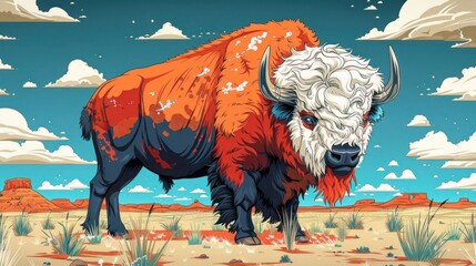 A stylized bison with vibrant colors in a desert landscape under a blue sky.