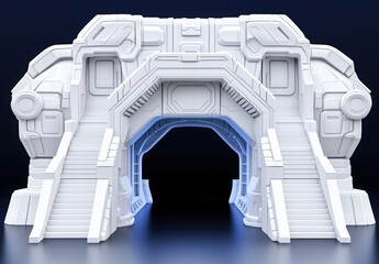 Futuristic White Architectural Structure with Staircase Gateway and Interior Lighting Effects