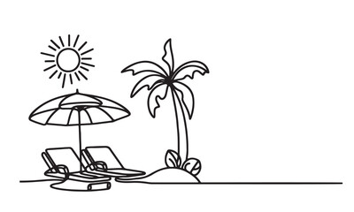 One continuous single drawing black line art doodle of beach sunbed with an umbrella and chair outline vector illustration on white background
