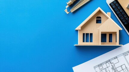 Wooden House Model with Blueprint and Office Tools on Blue Background for Real Estate Concept