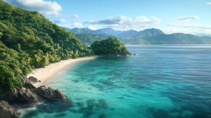 Fototapeta premium Serene Coastal Landscape with Lush Green Mountains and Tranquil Blue Waters in Bright Natural Light