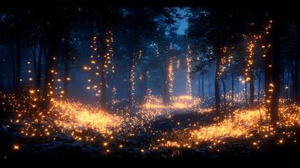 Magical glowing forest path at night, fantasy background, game design