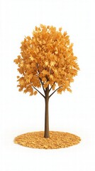 Golden Autumn Tree with Vibrant Leaves and Fallen Foliage on a White Background