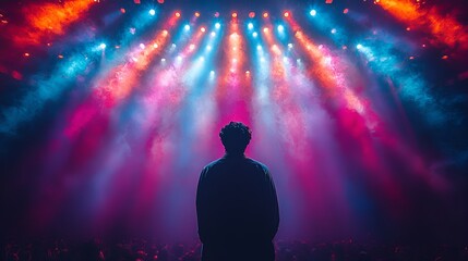 Solo artist on stage, colorful lights, crowd below, concert performance