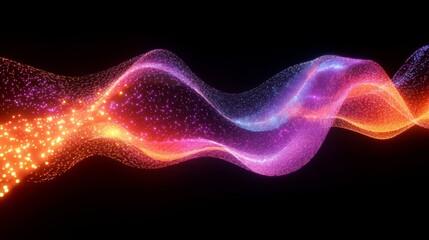 Fototapeta premium Abstract Glowing Wavy Particle Stream in Deep Black Background with Vibrant Colors