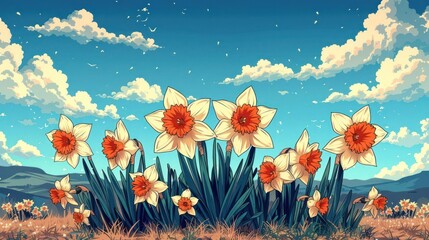 Obraz premium A vibrant landscape featuring blooming daffodils against a blue sky with fluffy clouds.