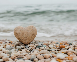 Obraz premium heart shaped rock on pebbled beach near ocean waves