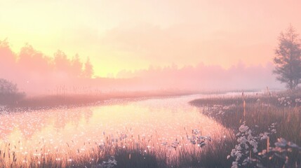 Fototapeta premium A serene landscape of a meadow at dawn, with dewdrops blanketing the grass, reflecting the soft pink and orange hues of the sky.