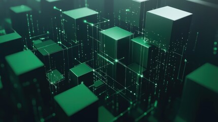 Abstract Green Digital Cubes Network: A 3D Rendering of Interconnected Data Blocks