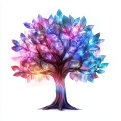 Colorful abstract tree design with vibrant leaves in shades of blue, pink, and purple on a white background