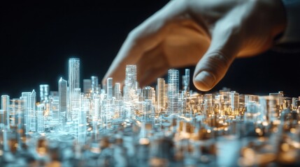 Futuristic Cityscape Model Under Human Hand Visualization with Neon Lighting Elements and Urban Design Details