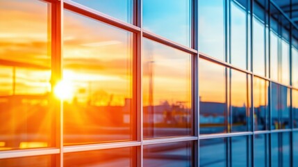 Fototapeta premium Sunset Reflection on Modern Glass Building with Sunlight and Vibrant Sky Colors at Dawn