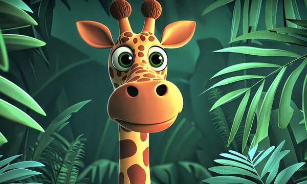 Cute cartoon giraffe peeking jungle foliage, children's book illustration