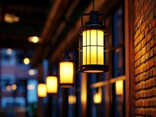 Warm cafe lights illuminate brick wall, city backdrop, evening ambiance