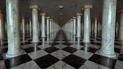 Endless Marble Hallway Checkered Floor, Classical Columns