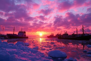 Naklejka premium Ships in icy harbor during vibrant sunset, for travel brochures, wallpapers