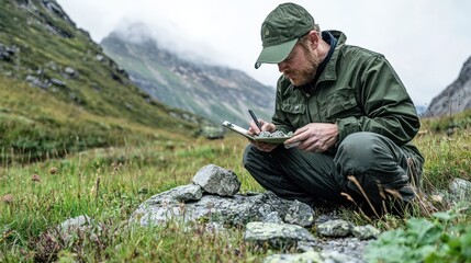 A man in a green jacket and cap sits on rocks in a grassy valley, taking notes as he observes the natural surroundings in a mountainous area.