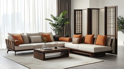 Modern L-Shaped Sectional Sofa with Wooden Accents in a Minimalist Living Room